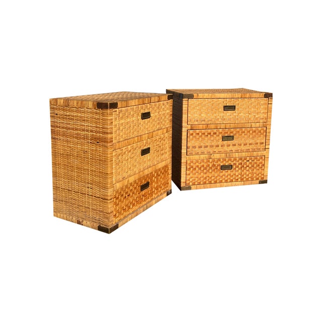 Vintage Wicker Rattan Pair of Chest of Drawers Dressers With Brass Campaign Style Hardware Stunning pair of compact...