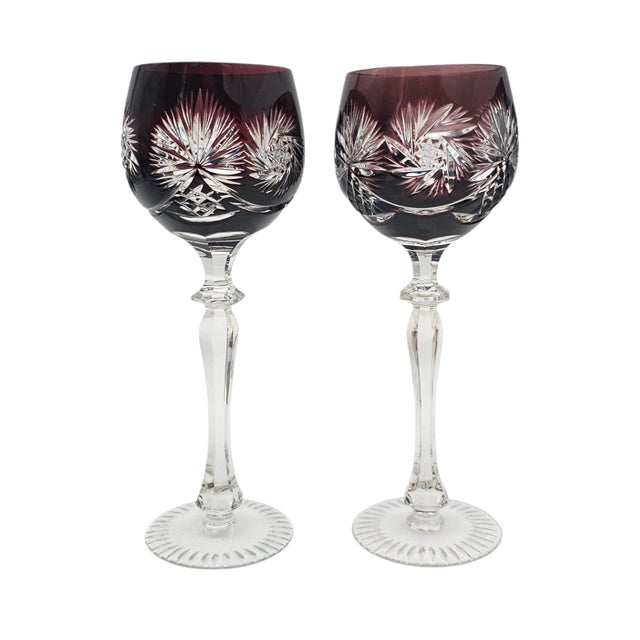 Glass Late 20th Century Ajka Marsala Ruby Overlay Hand-Cut Crystal Hock Wine Goblet, Hungary 8" - Set of 3 For Sale - Image 7 of 10
