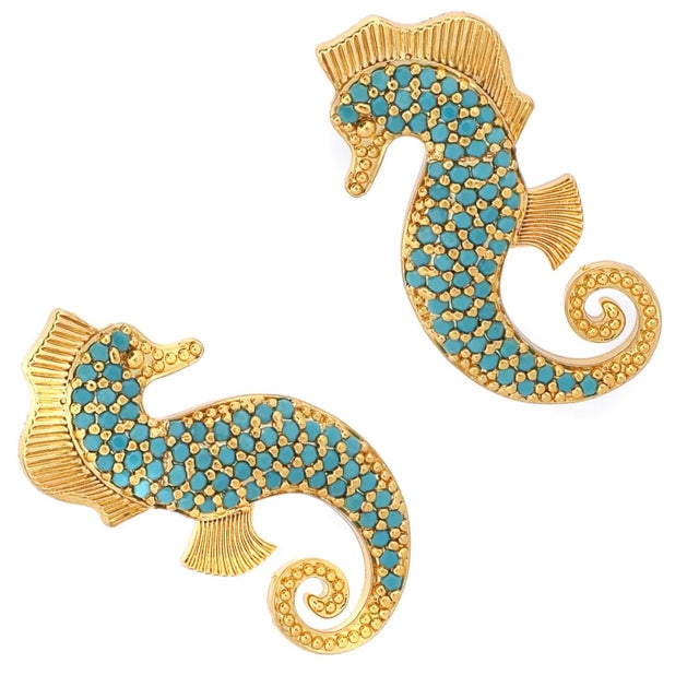 Early 21st Century Majestic Seahorse Gold & Turquoise Statement Studs, A Pair For Sale - Image 5 of 6