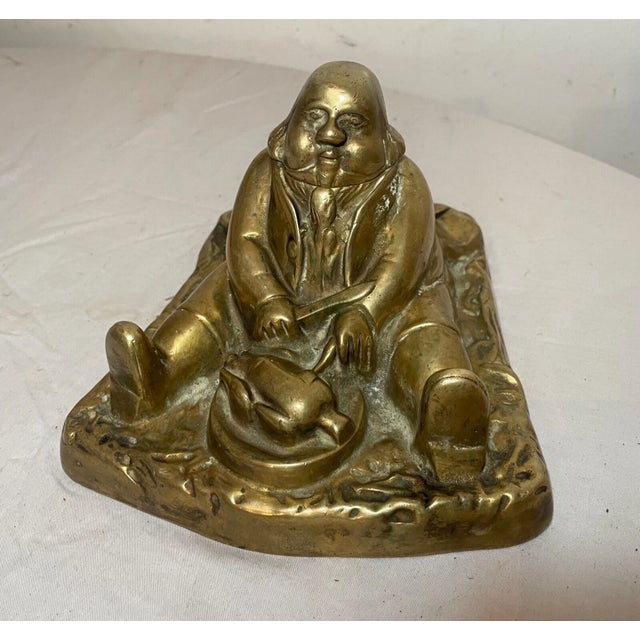 Large Antique Solid Bronze Brass Figural Writing Fat Man Eating Turkey Inkwell For Sale - Image 4 of 13