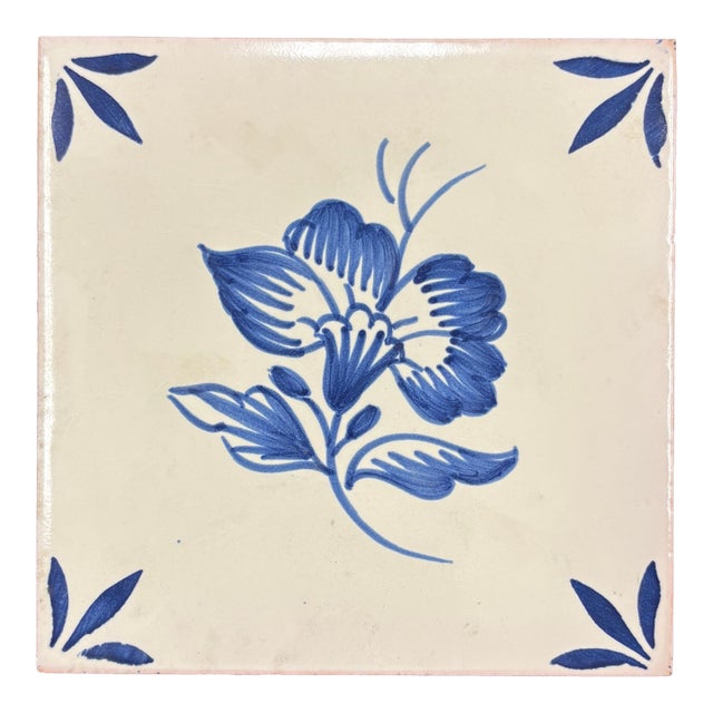 Floral Blue & Ivory Glossy Decorative Ceramic Tile For Sale