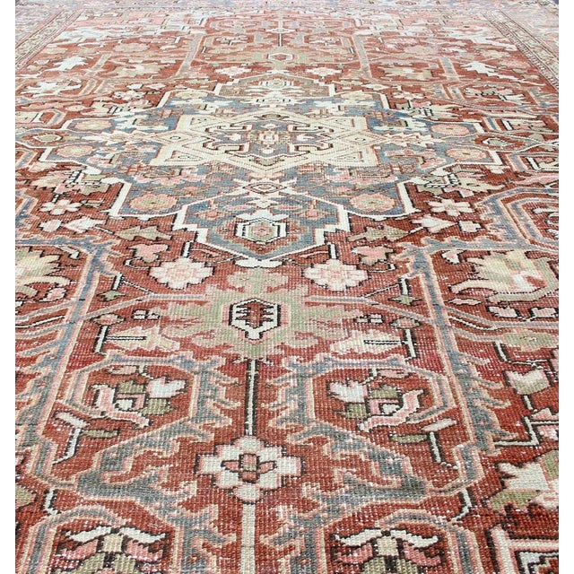 Textile Persian Heriz With Geometric Medallion in Soft Red, Gray Blue With Soft Greens 7'6 X 10'8 For Sale - Image 7 of 13
