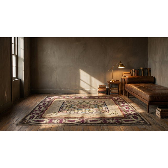Camel 1930s Tan Camel Medallion Antique American Hooked Rug 4'2" X 4'2" Handknotted Wool Carpet For Sale - Image 8 of 8