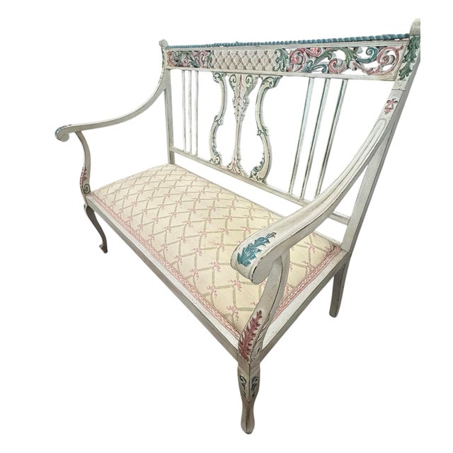 French Provincial Hand‑Painted Vintage Gustavian Style Two‑Seater Settee — Designer/Statement Piece For Sale - Image 3 of 11