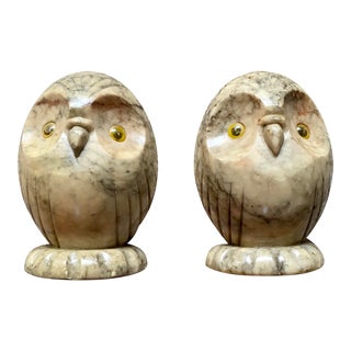 Carved Alabaster Owl Bookends - A Pair For Sale