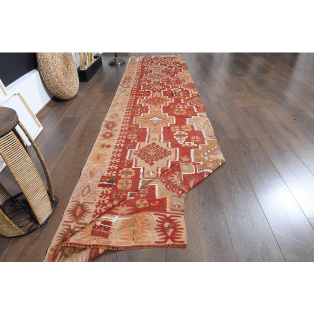 Red 1970s Vintage Handmade Wool Cotton Red Crimson Runner Rug For Sale - Image 8 of 11