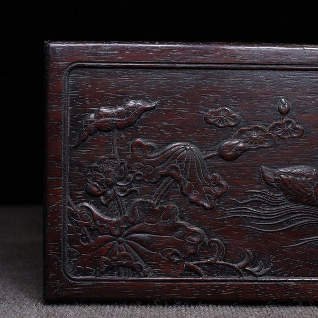Zitan Wood Box Carved With Lotus Pond Scene & Poetry For Sale In Los Angeles - Image 6 of 10