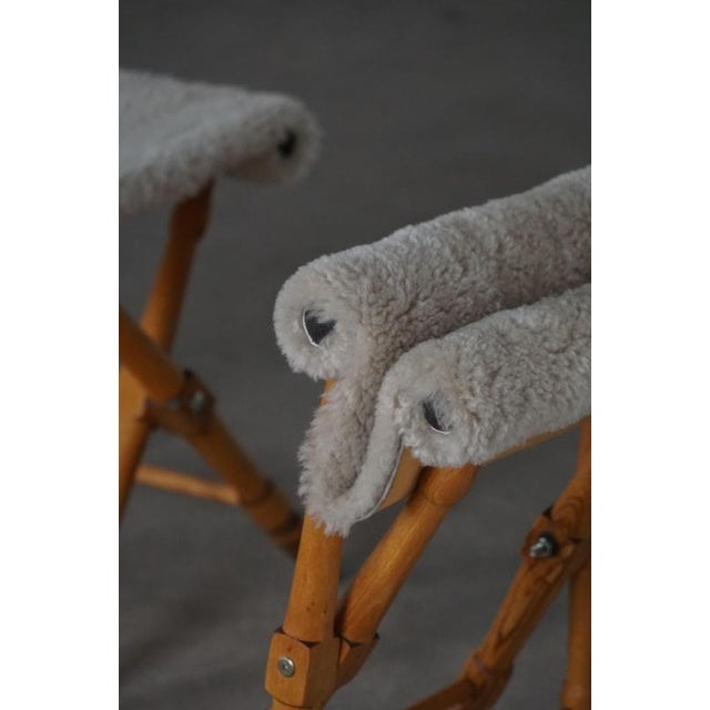 Wood Mid-Century Modern Danish Folding Stools with Sheepskin Upholstery, 1960s, Set of 2 For Sale - Image 7 of 14