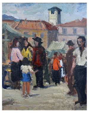 Market Day in Piazza Grande, Locarno, Switzerland, 1947-48, Oil on Board, Framed