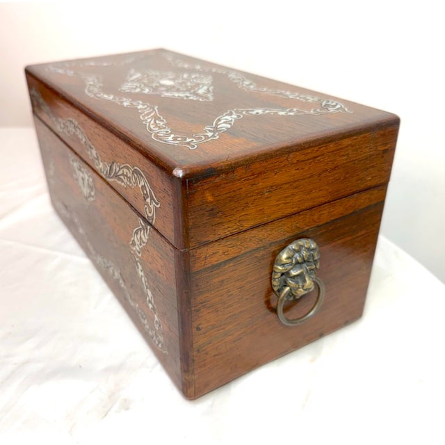English Antique 1800's English Inlaid Mother of Pearl Rosewood Wood Dual Tea Caddy Box For Sale - Image 3 of 18