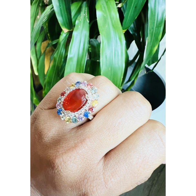 Metal 7.39 Carat Fire Opal Sapphire Diamond Rose Gold Cocktail Ring Size 7 For Sale - Image 7 of 7