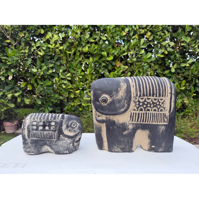 Ceramic Vintage Brutalist Blackwashed Terracotta Elephant Sculptures – Graduated Pair For Sale - Image 7 of 12