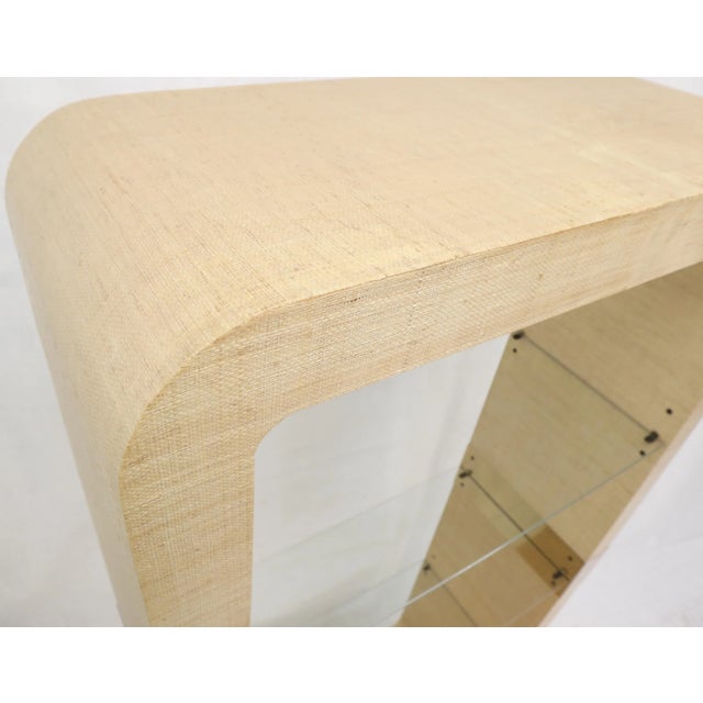 Raffia Cloth Finished Rounded Angles Étagère Display Unit Glass Shelves For Sale - Image 12 of 13