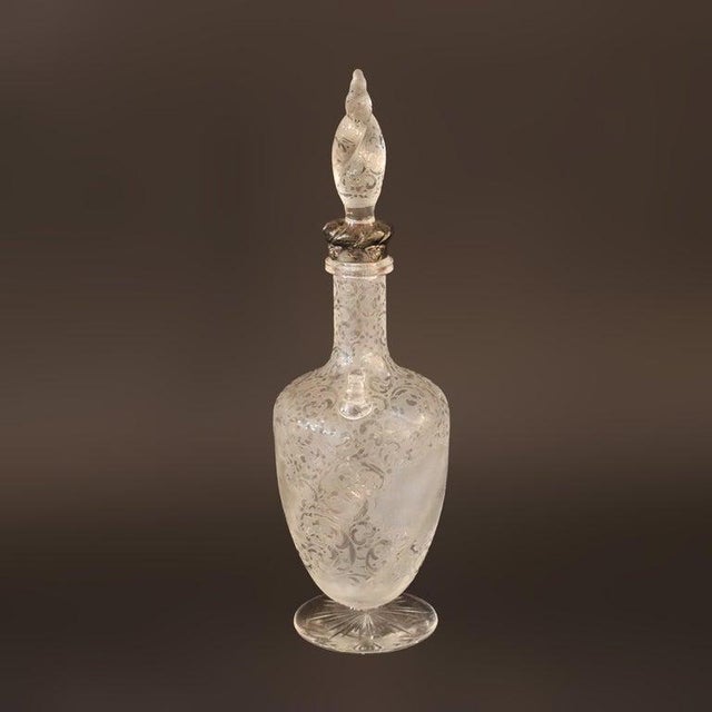 1900 - 1909 Antique Floral Etched Glass Decanter With Sterling Silver Neck C1900 For Sale - Image 5 of 8