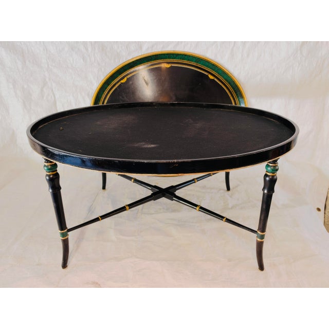 English Vintage Hollywood Regency Style Hand-Painted Papier-Mâché Oval Tray on Faux Bamboo Stand For Sale - Image 3 of 11