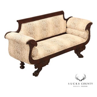 Antique American Upholstered Empire Style Carved Mahogany Sofa For Sale