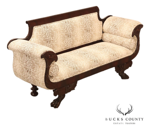 Antique American Upholstered Empire Style Carved Mahogany Sofa