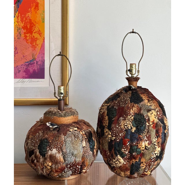 Brown Vintage Round Feathered Table Lamp For Sale - Image 8 of 8