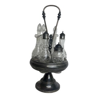 Early 20th Century Meridan Silver Plate Co. Glass & Silver Plated Condiment Set & Stand - Set of 7 For Sale