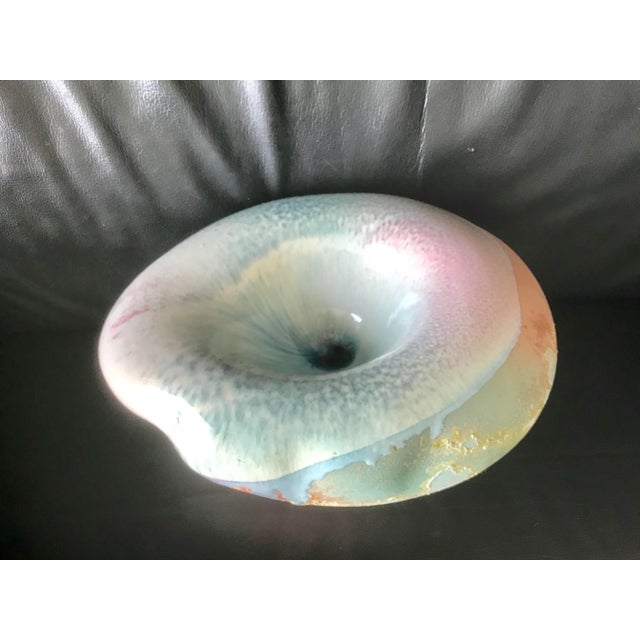 1970s Large Studio Bowl in Hues of Cream, Turquise Blue & Coral Watercolor For Sale In San Diego - Image 6 of 6