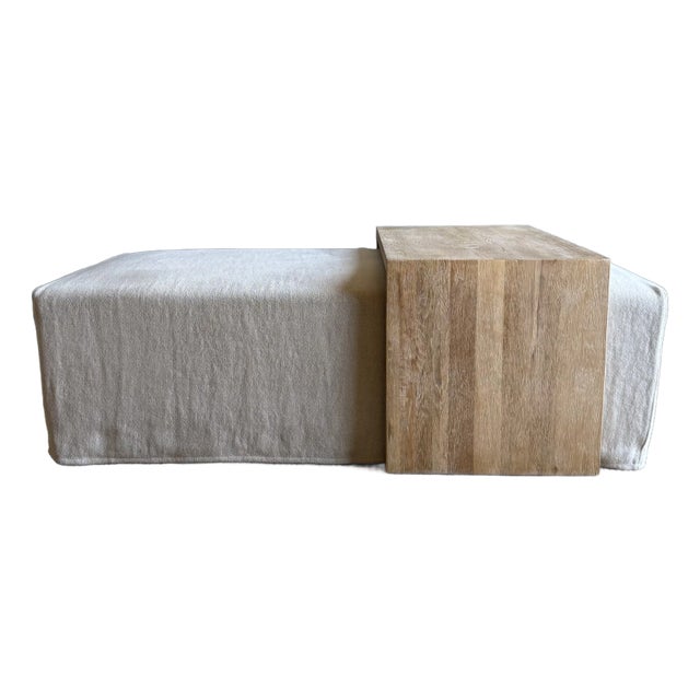 Laguna Slip Covered Ottoman With White Oak Waterfall Style Table For Sale