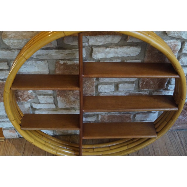 Yellow Mid 20th Century Paul Frankl Style Round Rattan Wall Shelf For Sale - Image 8 of 9