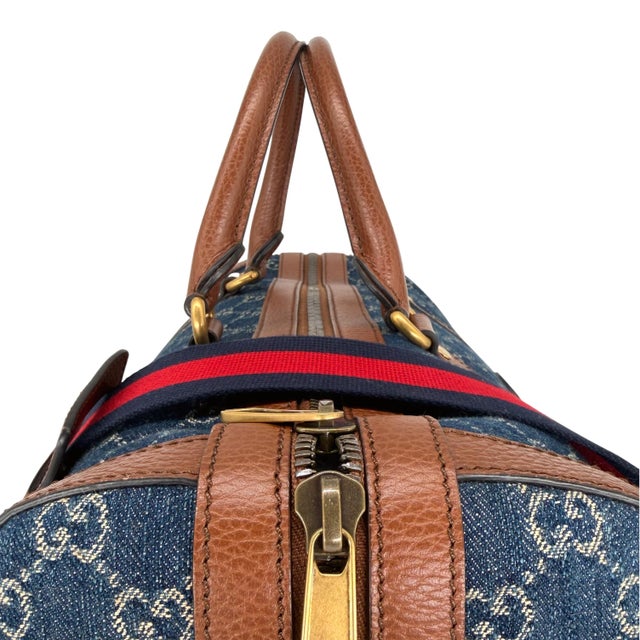 Metal Gucci Denim Gg Supreme Canvas and Brown Leather Duffle Bag, Spring/Summer 2022. For Sale - Image 7 of 13