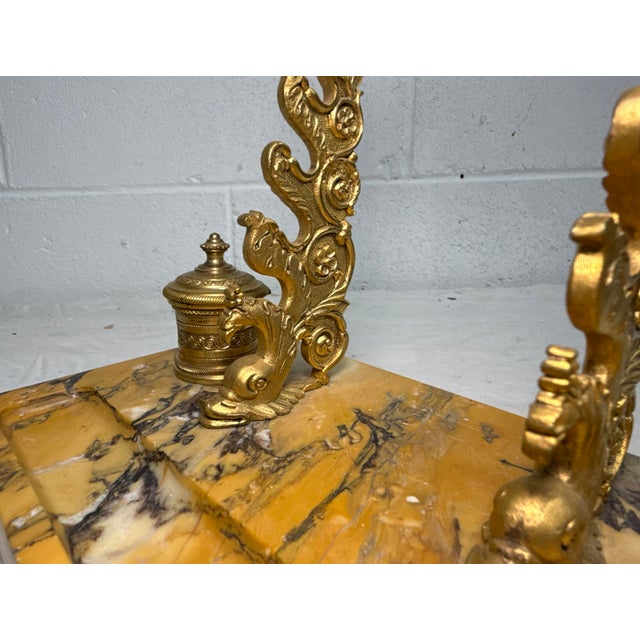 Figurative Antique French Siena Marble Bronze Dual Dolphin Empire Statue Desk Inkwell Stand For Sale - Image 3 of 14