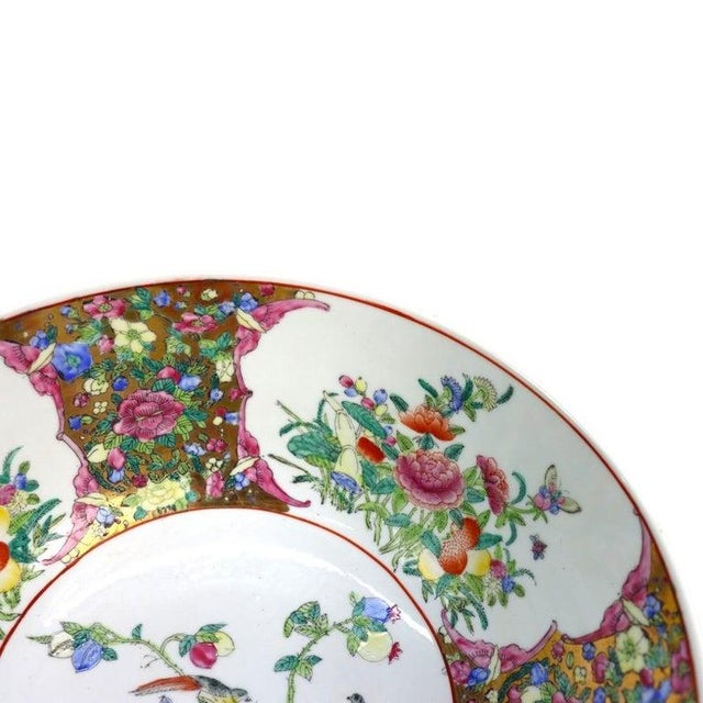 Oversized Chinese Rose Medallion Punch Bowl Flower Garden & Butterflies C1930 For Sale - Image 13 of 15