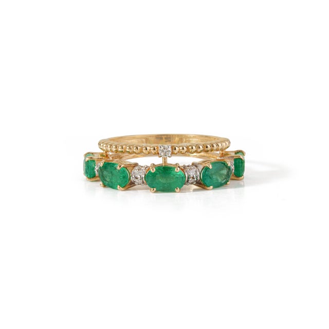 VR Jewels Vintage-Style 2.18ct Oval Emerald & Diamond Double Band Ring in 14k Gold Size 6.5 For Sale - Image 4 of 18