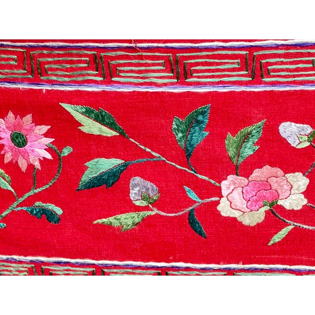 Vintage Chinese Long Red Pink Flower Embroidery Fabric Art For Sale - Image 4 of 17
