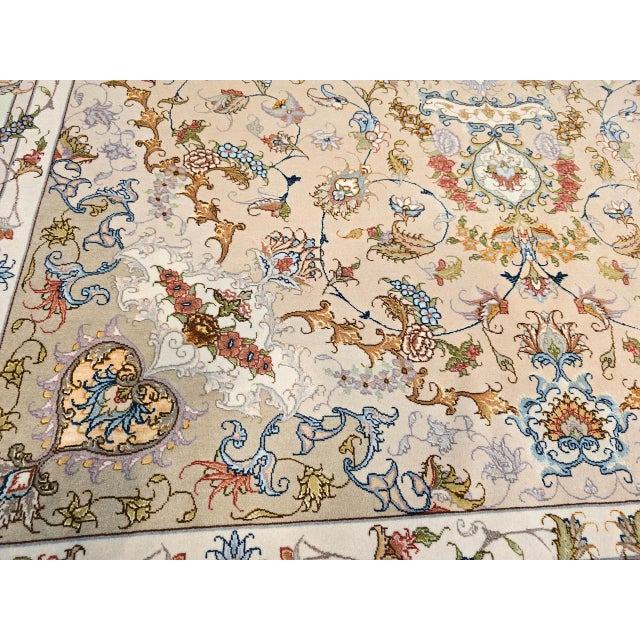 Persian Tabriz Rug, Hand-Knotted Wool & Silk, Floral Design Taupe & Pale Green, 7x10 For Sale - Image 4 of 18