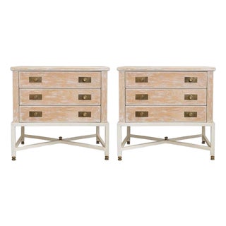 Pair French Cerused Oak and Brass Nightstands Metal Bases For Sale