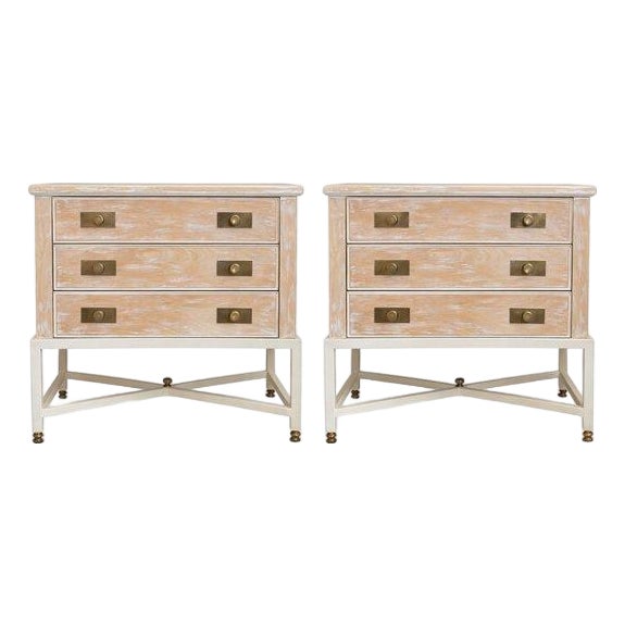 Pair French Cerused Oak and Brass Nightstands Metal Bases For Sale