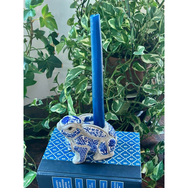 Shabby Chic 1980 Nancy Lopez Blue and White Bunny Rabbit Porcelain Candle Holder For Sale - Image 3 of 9
