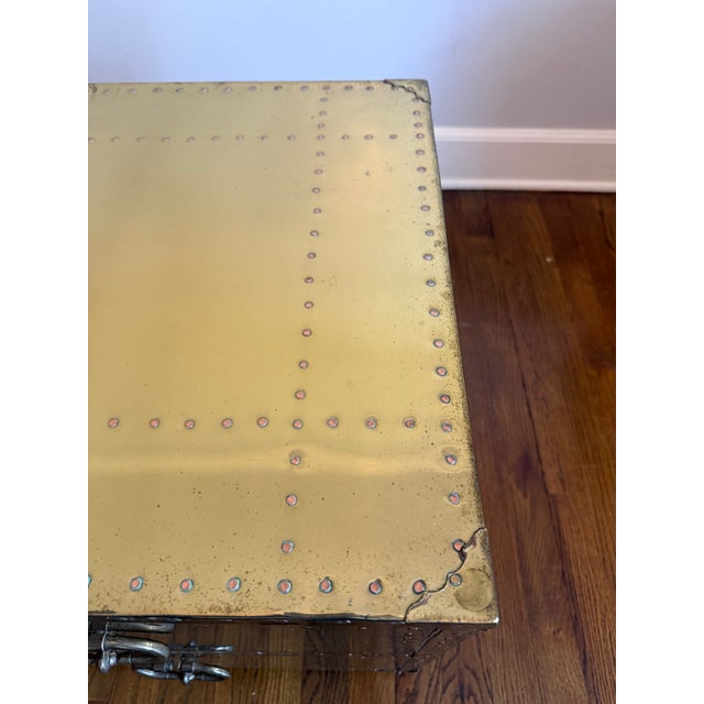 Glass Vintage Sarreid Ltd. Handcrafted in Spain Brass-Clad Campaign Coffee Table With Two Drawers and Glass Top For Sale - Image 7 of 12