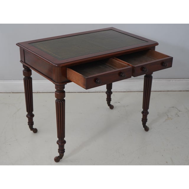 English English Antique 2 Drawer Mahogany Leather Top Writing Desk For Sale - Image 3 of 17