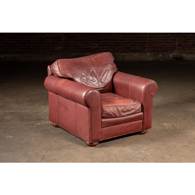 Traditional Late 20th Century Red Leather Armchair With Ottoman For Sale - Image 3 of 18
