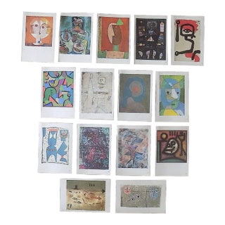Vintage Mid 20th Century Diminutive Modernist Abstract Paul Klee Masks & Figures Lithographs - Set of 15 For Sale