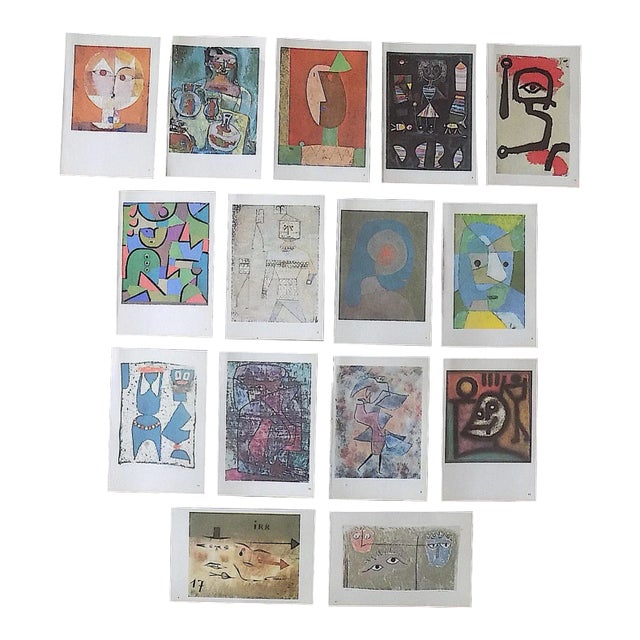 Vintage Mid 20th Century Diminutive Modernist Abstract Paul Klee Masks & Figures Lithographs - Set of 15 For Sale