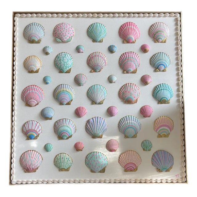 Painted Shells on Canvas in Coastal Color 24x24” in Gold Frame, Coastal Shell Art For Sale