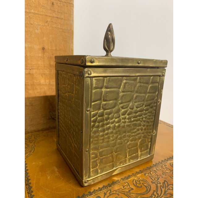 Vintage Crocodile Motif Reposse Brass Tea Caddy. Wooden Structure with Outer Brass & Inner Zinc/Tin Lining.