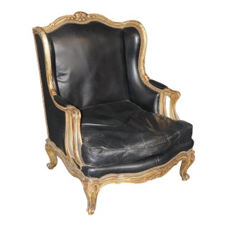 Maison Jansen Genuine Leather Gilt and Paint Decorated Grand Scale Bergere Chair For Sale