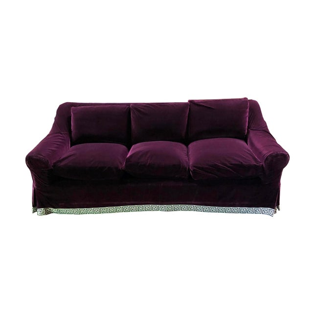 Custom Slipcovered Aubergine Velvet Sofa with Down Cushions and Greek