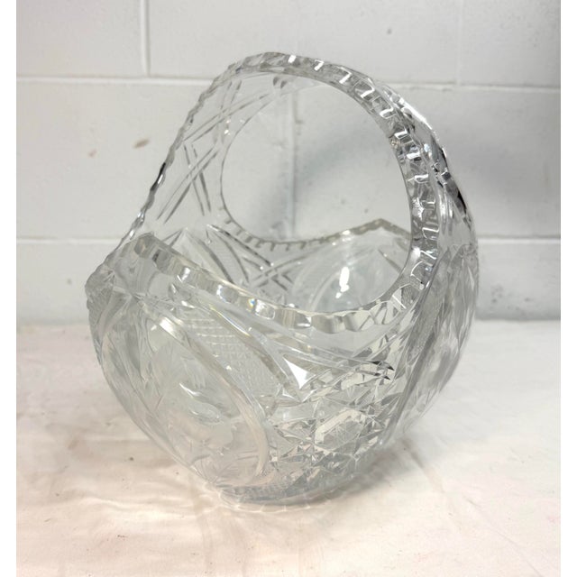 Glass Large Vintage Hand Cut Clear Crystal Glass Flower Basket Centerpiece Bowl For Sale - Image 7 of 13
