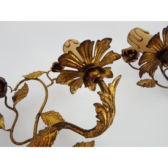 Vintage Wall Lights with Foliage Flowers in Gold Metal, 1960s, Set of 2 For Sale - Image 6 of 10
