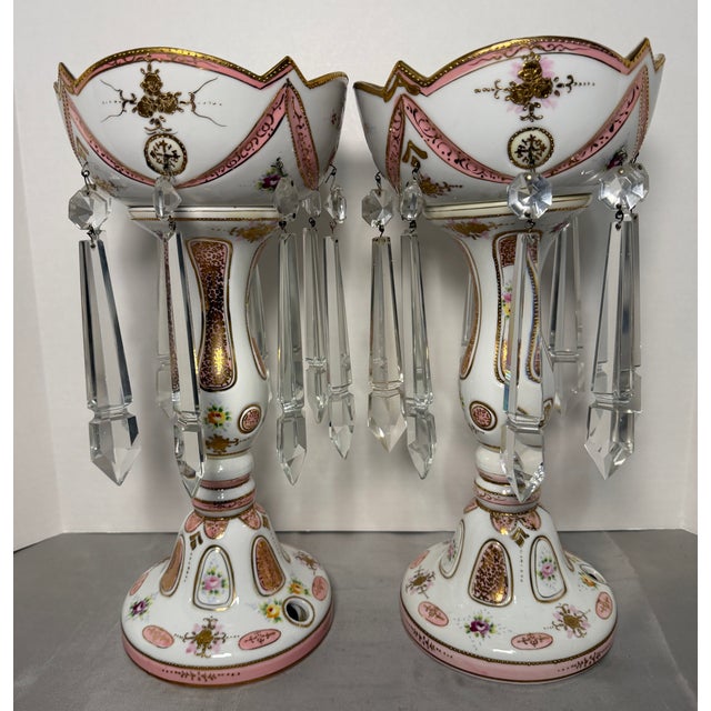 Mid 20th Century Vintage Occupied Japan Porcelain Mantle Lustre Lamp Bases W/ Crystal Spear Prisms - Pair For Sale - Image 5 of 10