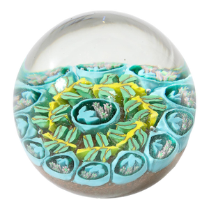 Mid-Century Hand-Blown Turquoise & Yellow Murano Glass Millefiori Paperweight