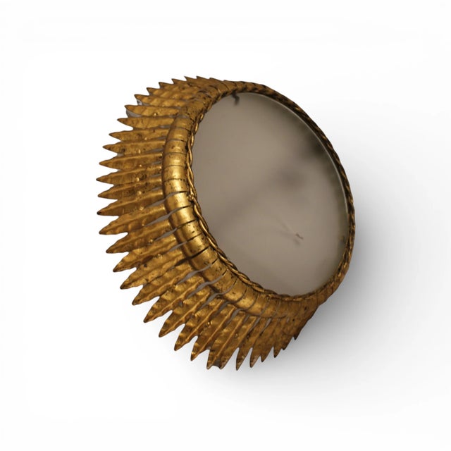 Spanish Early 20th Century Spanish Pair of Gilded Iron Acanthus Leaf Fixtures With Glass Diffusers For Sale - Image 3 of 5