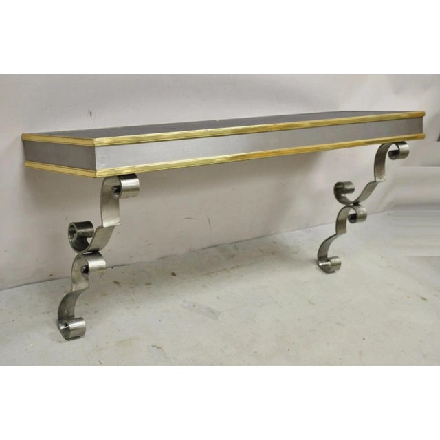 Vintage Italian Regency Steel & Brass Slate Top Wall Mounted Hall Console Table For Sale - Image 12 of 12
